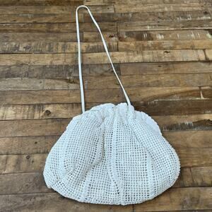 Vintage Handcrafted Crochet Scrunch Shoulder Bag Ivory Filet Crochet Cottage